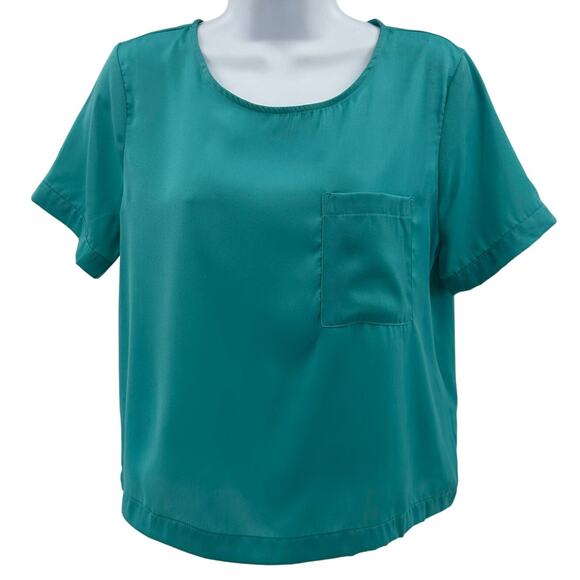 Pleione Top Sz S Teal Short Sleeve Chest Pocket Pullover Round Neck Lightweight - Picture 1 of 8